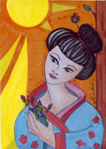 Antonia Calabrese, M.A. 25/2013, penna biro, pennarelli e colori in polvere su cartoncino cm. 10,5 x 15, Progetto Mail Art: Japon - Collezione: Anaïs , Toulouse, Francia