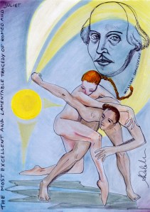 Antonia Calabrese, M.A. 64/2014, tecnica mista su cartoncino formato A4. Per esposizione 2014 in "the Siberian and European parts of Russian", progetto Mail Art: “Shakespeare 450” organizzato da Alexander Limarev, Novosibirsk, Russia.