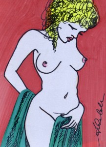 Antonia Calabrese, Il drappo verde (MA6/2013), penna biro e pennarelli su cartoncino cm. 10,5x15 - Progetto Mail Art: "Cartoline d'Artista", organizzato da Tiziana Baracchi - Collezione: T. Baracchi, Venezia Mestre (IT).