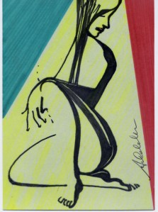 Antonia Calabrese, Linea d'ombra (MA 4/2013), pennarelli su cartoncino cm.10,5x15 - Progetto Mail Art " M.C.A. camo & friends #1" organizzato dal Comune di Camo per esposizione a Maggio 2014 in occasione della III° edizione del MCA- Collezione: Comune di Camo (CN).