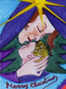  Antonia Calabrese,"Merry Christmas" (MA 11/2013), penna biro, pennarelli e colori in polvere su cartoncino cm. 10,5 x 15. Collezione: J.L. Hernandez Galan (Igakusei), Siviglia - Spagna.