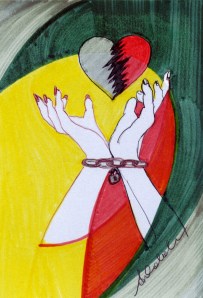 Antonia Calabrese, "l'amore é una catena" (M.A. 22/2013) penna biro e pennarelli su cartoncino cm. 10 x 15 - in esposizione alla VI Biennale della MAIL ART 2014 l'ultima settimana di Agosto - Collezione: Ceris-A.I.M.A, Cosenza