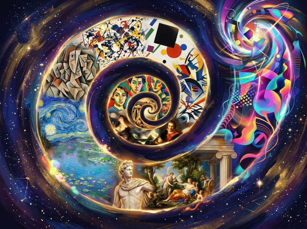 Spiral collage of famous art styles including classical sculpture, Renaissance painting, Impressionism, Cubism, Abstract, and modern digital art