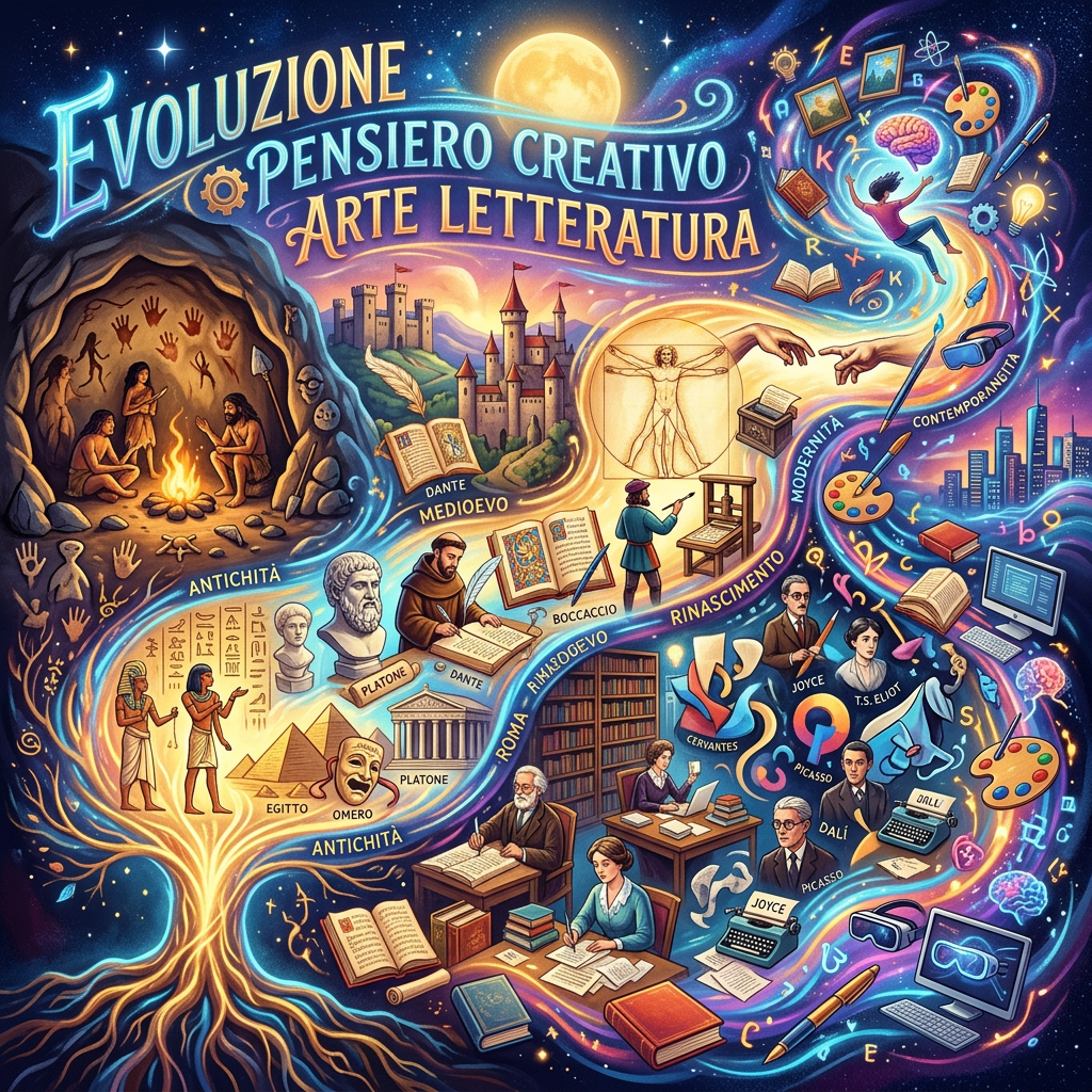 Illustration showing the evolution of creative thought and literature from antiquity to modern times with symbolic figures, books, and artistic elements
