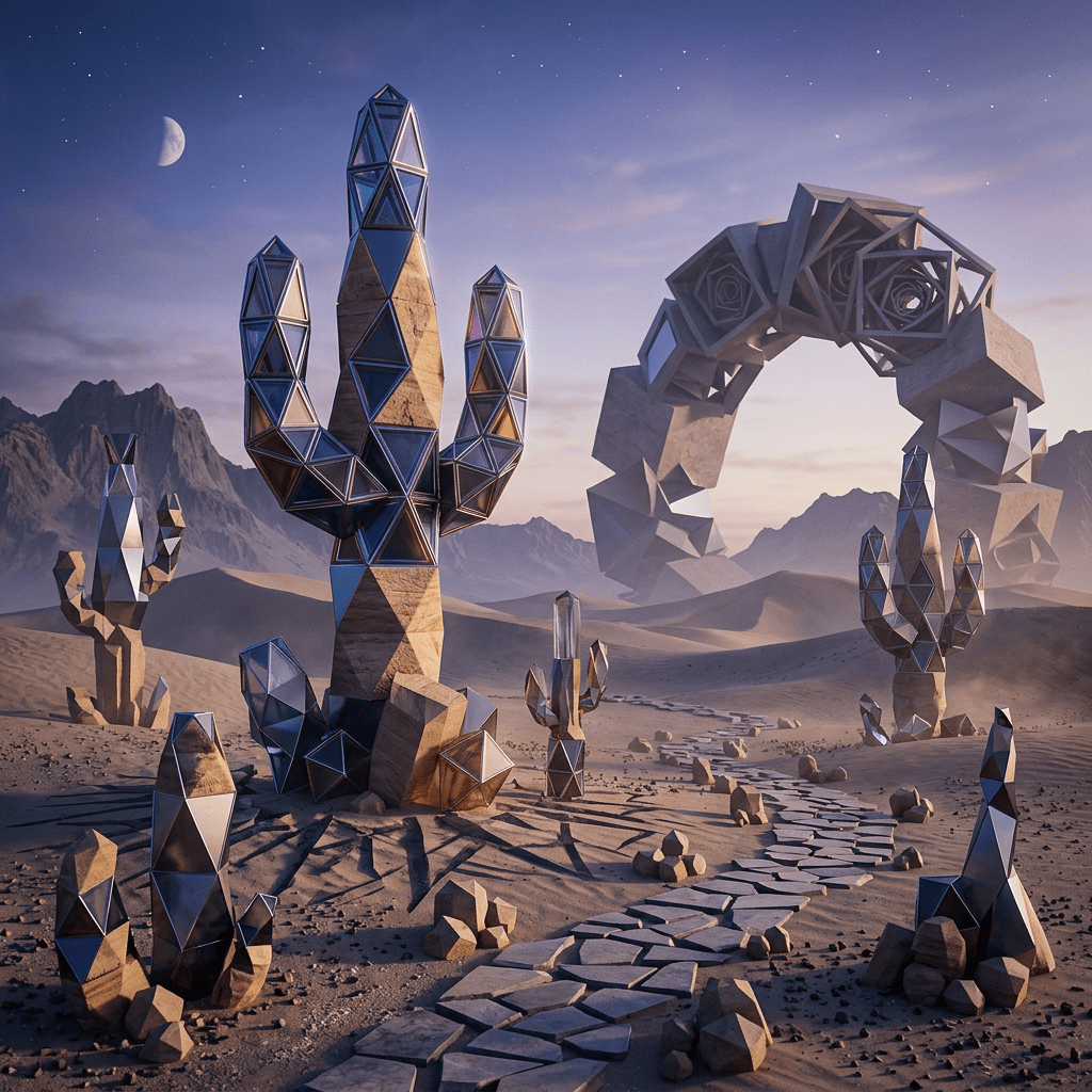 Geometric crystalline cacti and stone arch in a moonlit desert