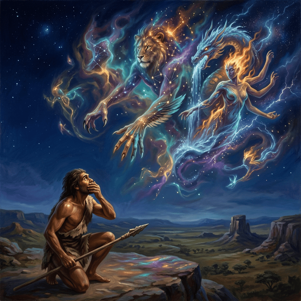 Prehistoric hunter kneels beneath a starry sky filled with mythical creatures