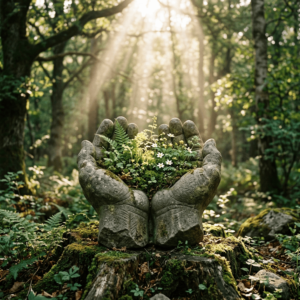 Stone hands holding ferns and small white flowers in a forest